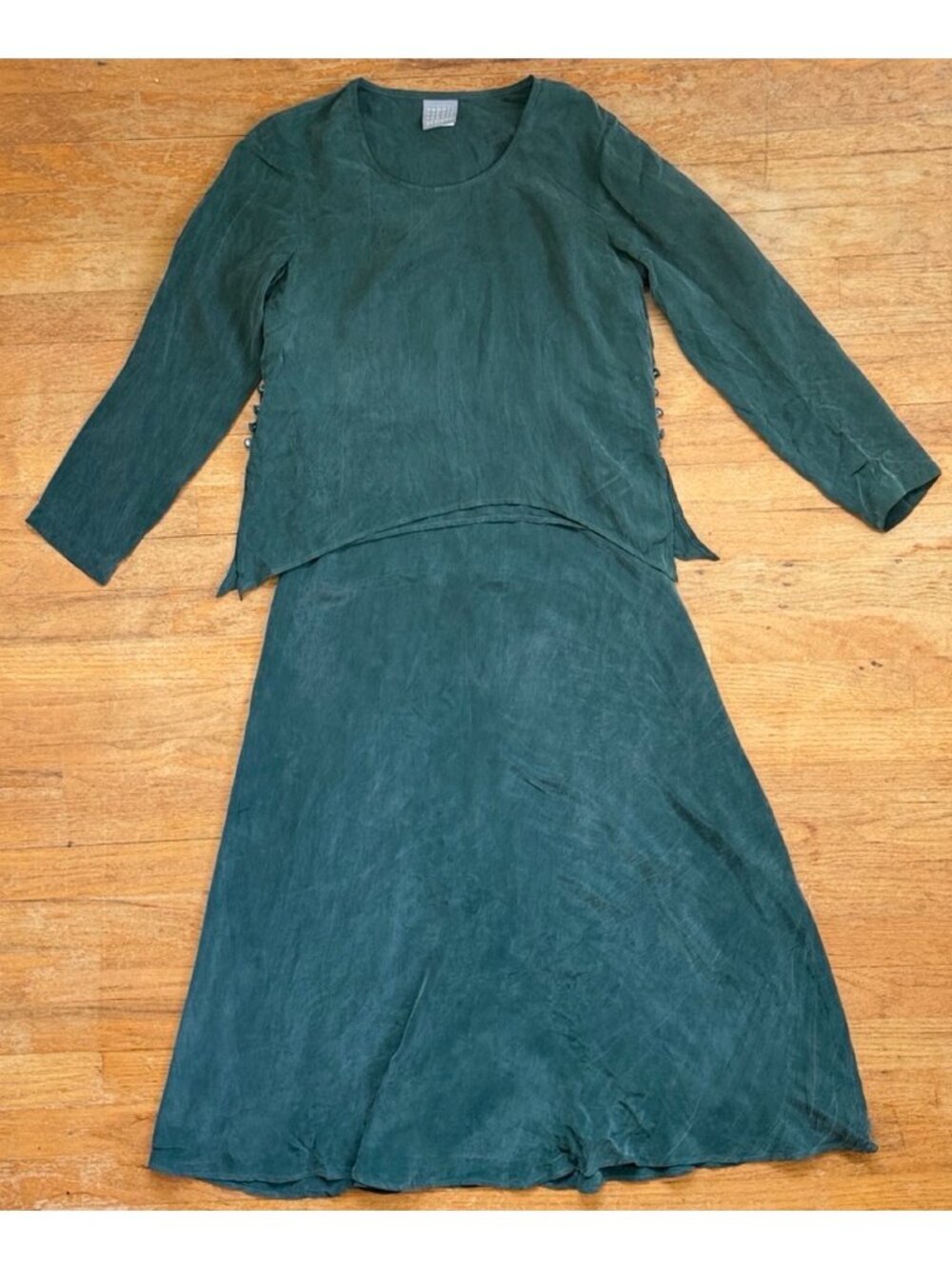 Vintage Crinkled Rayon Dress & Top Set Size Small Set 90s Green Maxi 2 Piece